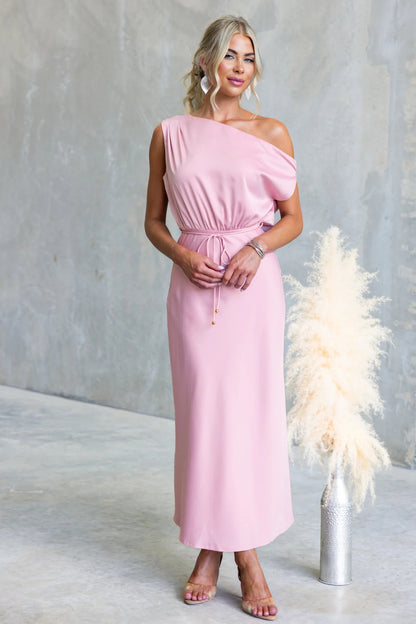 Color One-shoulder Sleeveless Belted Maxi Dress