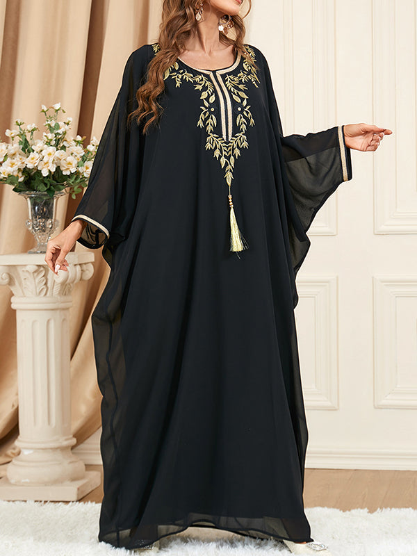 Batwing Sleeves Long Sleeves Embroidered Gauze Tasseled Round-neck Maxi Dresses