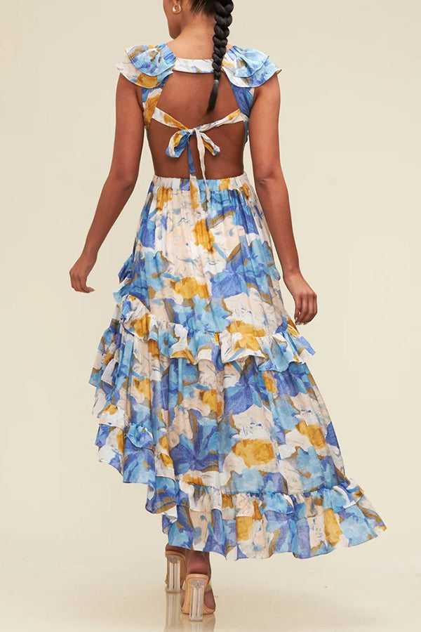 Print V-neck Backless Resort Maxi Dress