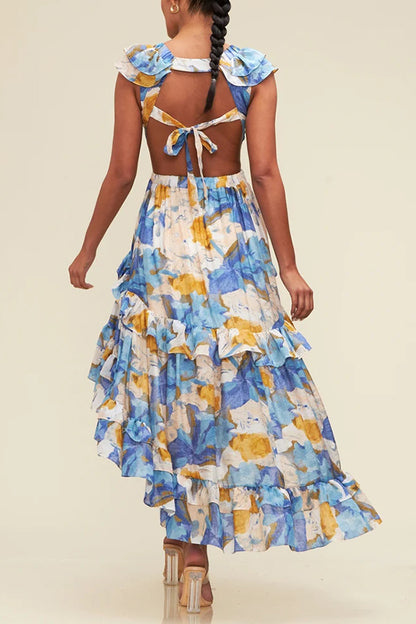 Print V-neck Backless Resort Maxi Dress