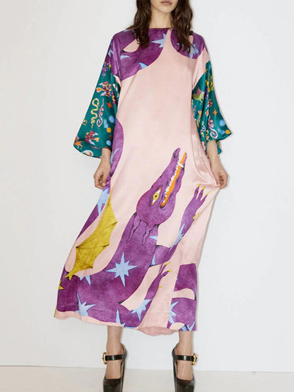A-line Long Sleeves Printed Split-side Round-neck Maxi Dresses