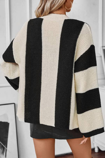 Contrast Striped Sweater Cardigan Autumn and Winter Loose Knitting Shirt