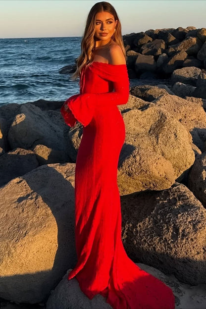 Off Shoulder Lace Flare Sleeve Fitted Train Maxi Dress