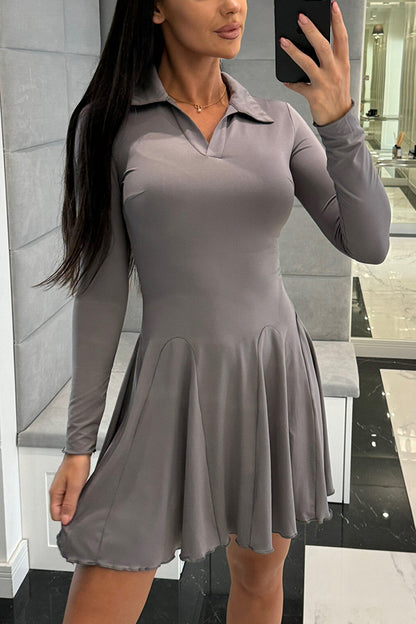 Color Lapel Long Sleeve Slim Fit Waist Mini Dress