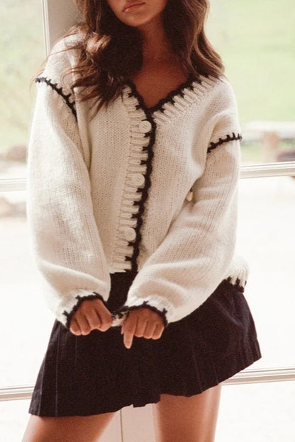 Cable Knit V Neck Button Cardigan