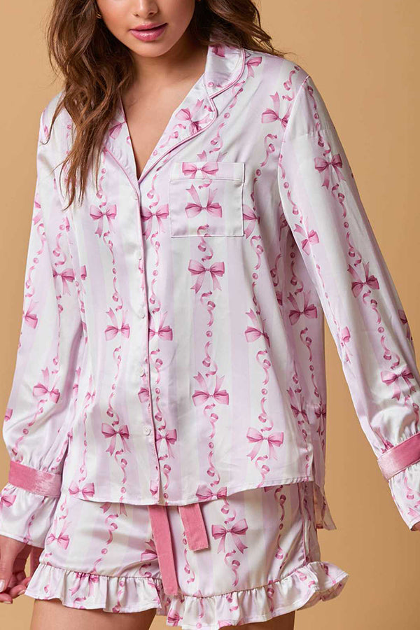 Christmas Printed Bow Tie Top and Elastic Waist Ruffle Shorts Set