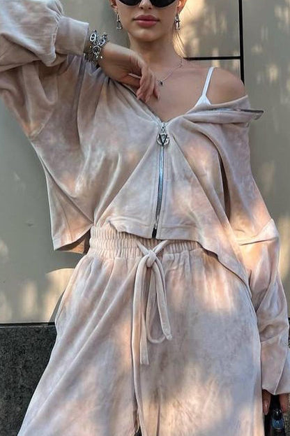 Velvet Zip-up Hooded Top and Elastic Waist Wide Leg Pants Set