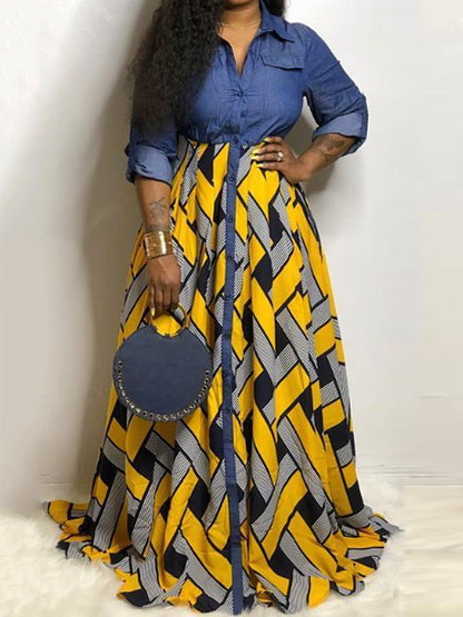 Long Sleeves Loose Buttoned Elasticity Printed Split-joint Lapel Maxi Dresses