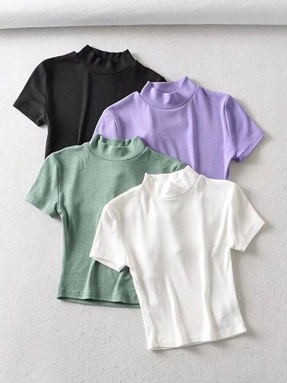 High Neck Fitted Short Sleeve T-shirt Rib Crop Rib Top