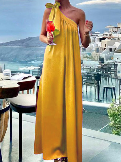 A-line Loose Asymmetric Pleated Color Tied One-shoulder Maxi Dresses