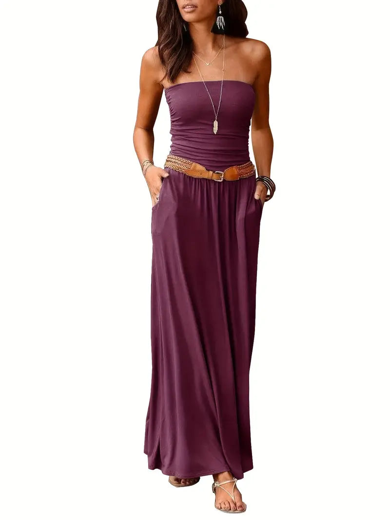 Color Versatile Strapless Maxi Dress With Pockets