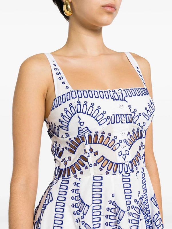 High Waisted Loose Buttoned Elasticity Hollow Printed Spaghetti-neck Mini Dresses