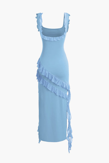 Color Ruffle Trim Slit Sleeveless Maxi Dress