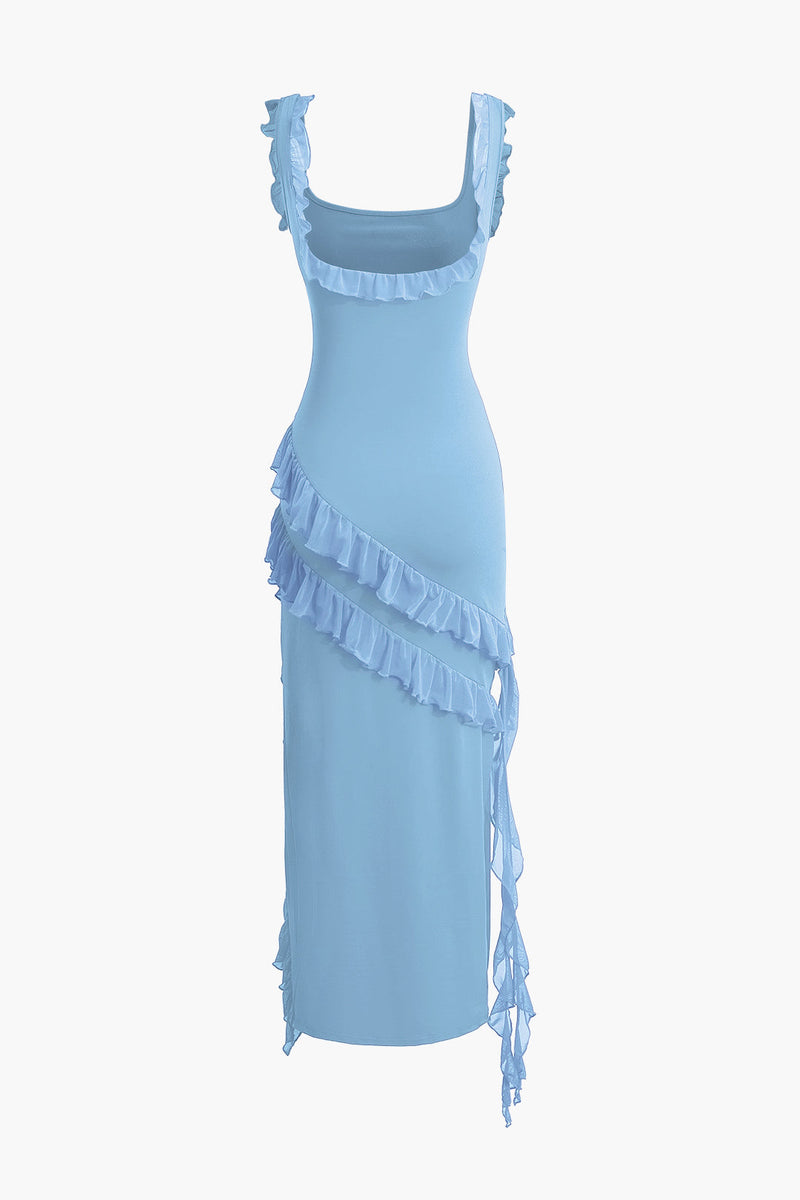Color Ruffle Trim Slit Sleeveless Maxi Dress