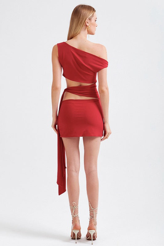 Asymmetrical Neck Cutout Tie Fitted Bodycon Mini Dress
