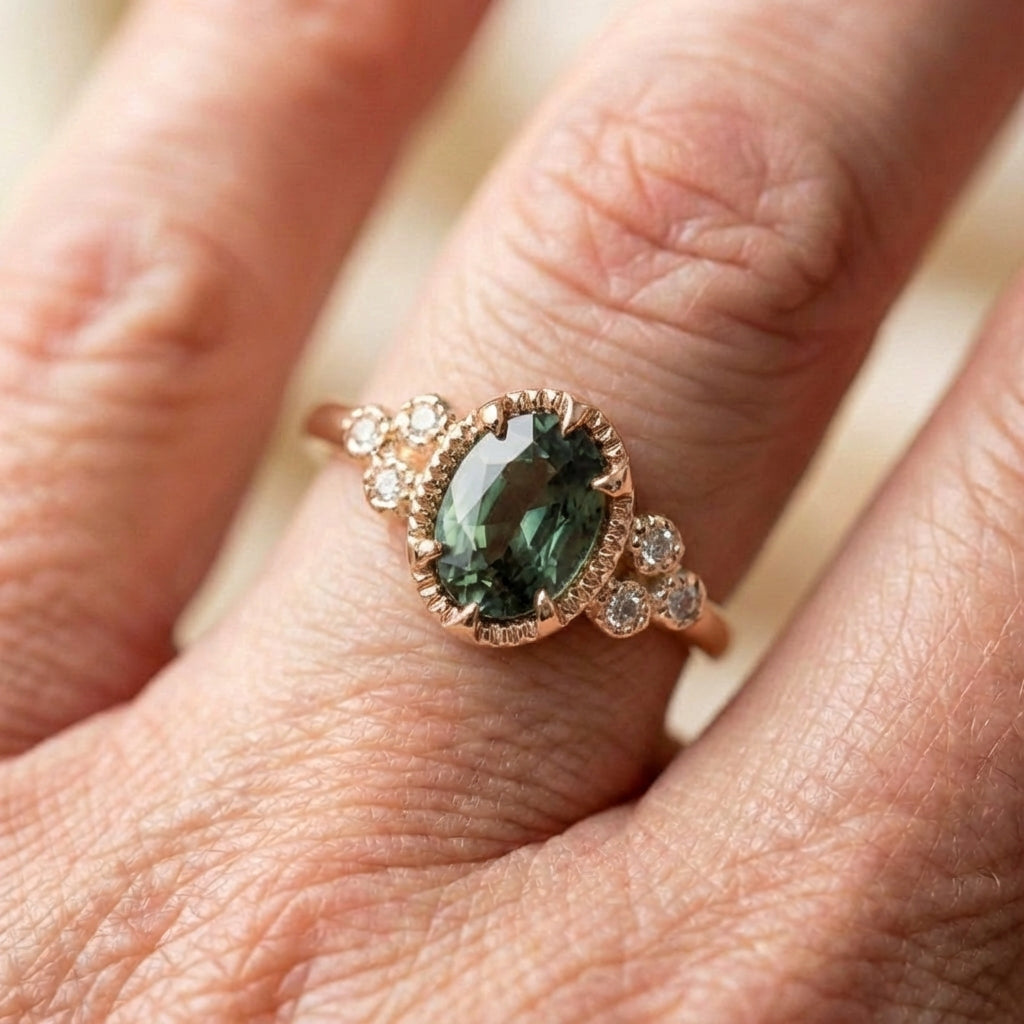 Vintage Green Inlaid Glass Gold Ring