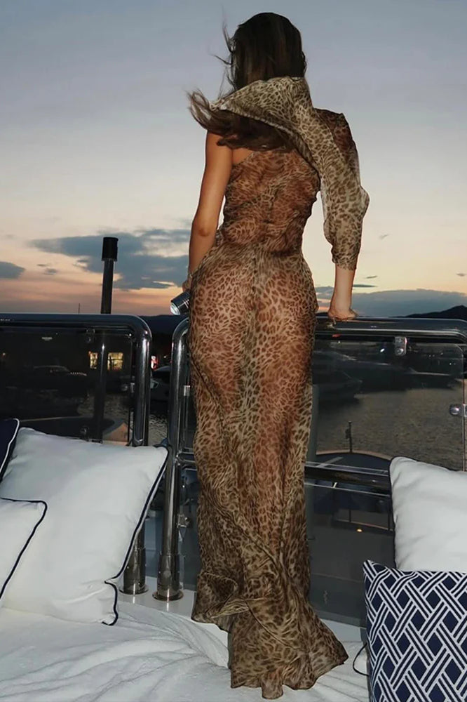 Leopard Print Spice Girl Slanted Shoulder Maxi Dress