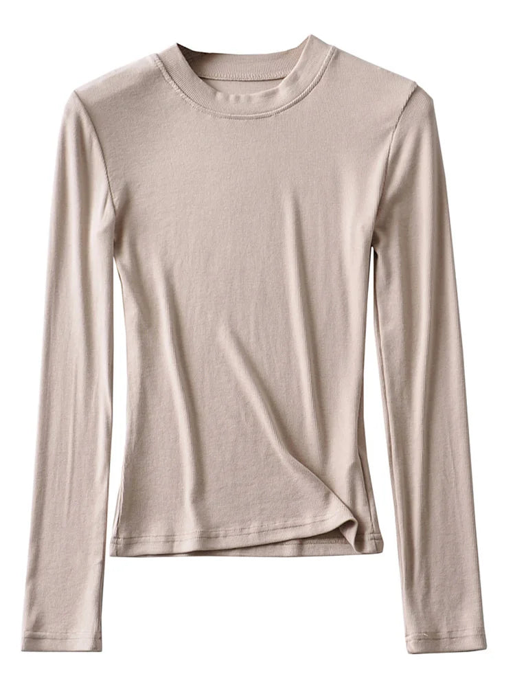 Clothing Cotton Kintted Tops Slim Elastic O-neck Full-sleeve T-shirt