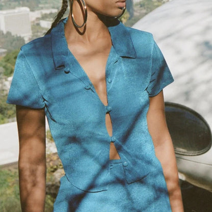 New Short Sleeve T-shirt Crop Top Button Summer Slim Turn-down Collor Mini Shirt Tops