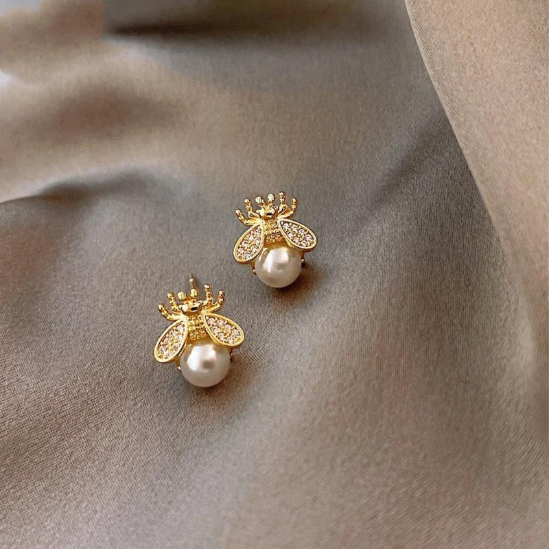 Synthetic Pearl And Zirconia Bee Earrings
