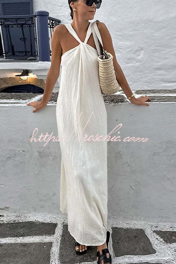 Sea Angel Linen Blend Textured Fabric Halter Vacation Maxi Dress