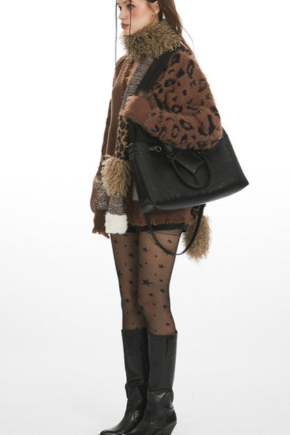 Leopard Print Patchwork V Neck Knit Cardigan