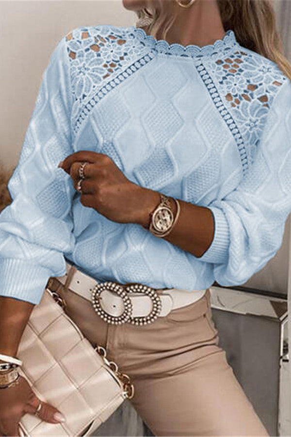 Color Round Neck Lace Hollow Shoulder Sweatshirt