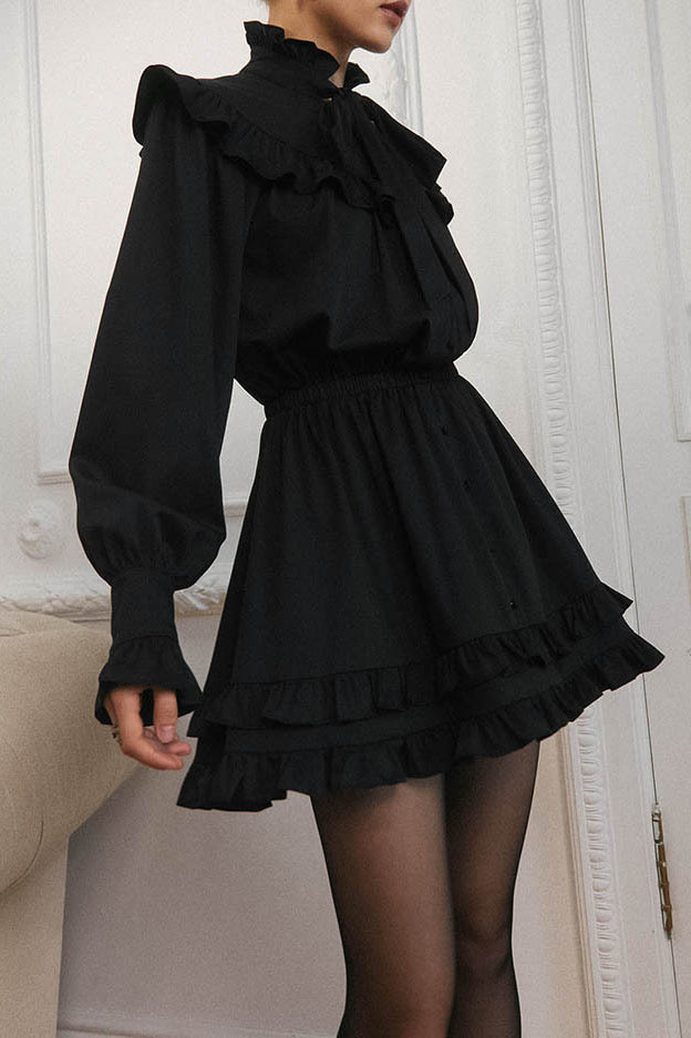 Bow Tie Lace Up Long Sleeve a Line Mini Dress