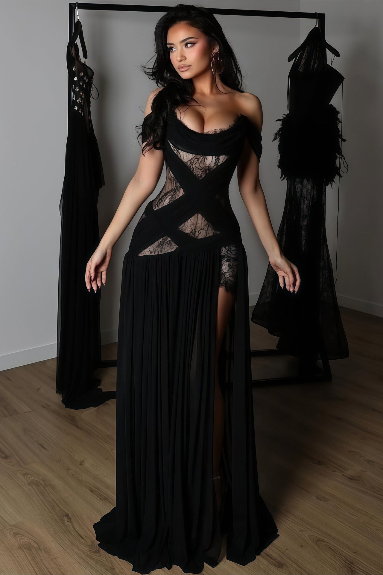 Lace Patchwork Cutout Sheer Slit Maxi Dress