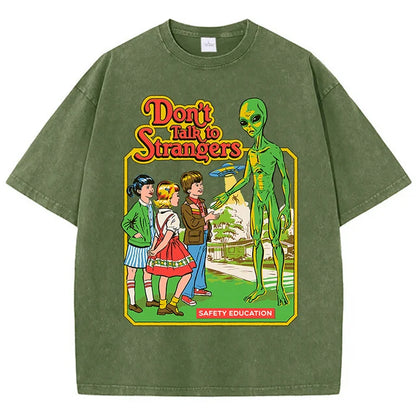 Cartoon Alien Classic Communication Print T-shirt Breathable Cotton Short Sleeve Washed Worn Out Female T Shirts