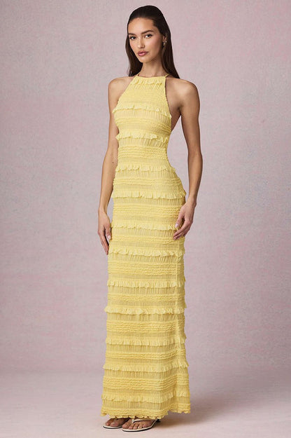 Backless Ruched Pleated Maxi Dress