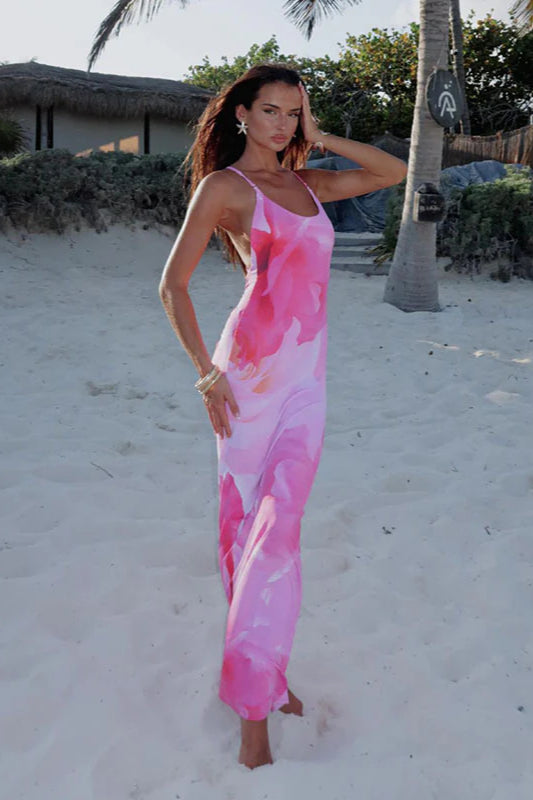 Cross-back Print Strappy Bodycon Maxi Dress