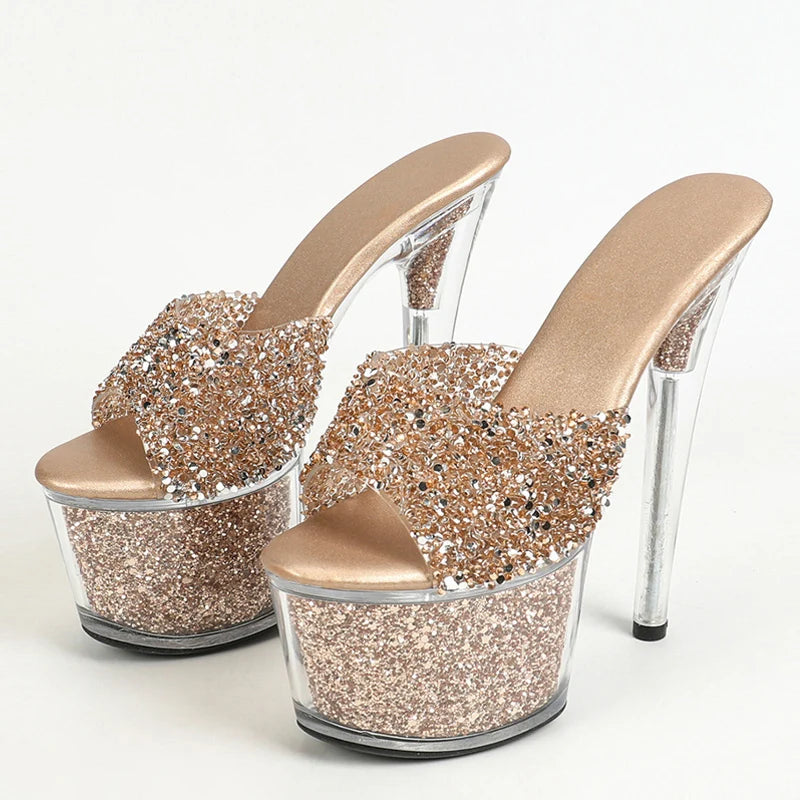 Liyke Peep Toe Party Club Strip Pole Dance Shoes – 17cm Extreme High Heels, Slipper With Sequined Transparent Platform Sandal