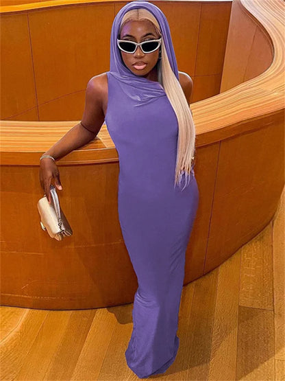 Summer Female Slim Long Dress Hoodie Split Sleeveless Maxi Dress Festival Outfits One Piece Dress