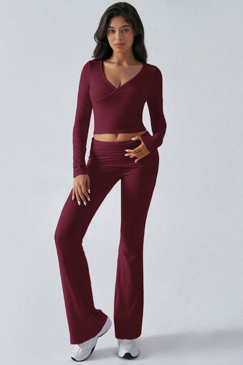 V Neck Flared Stretch Two Piece Pants Set