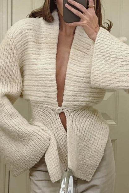 Retro V Neck Asymmetric Hem Knit Cardigan