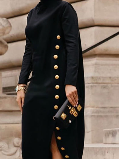 Long Sleeves Loose Asymmetric Buttoned Split-joint Split-side Mock Neck Maxi Dresses