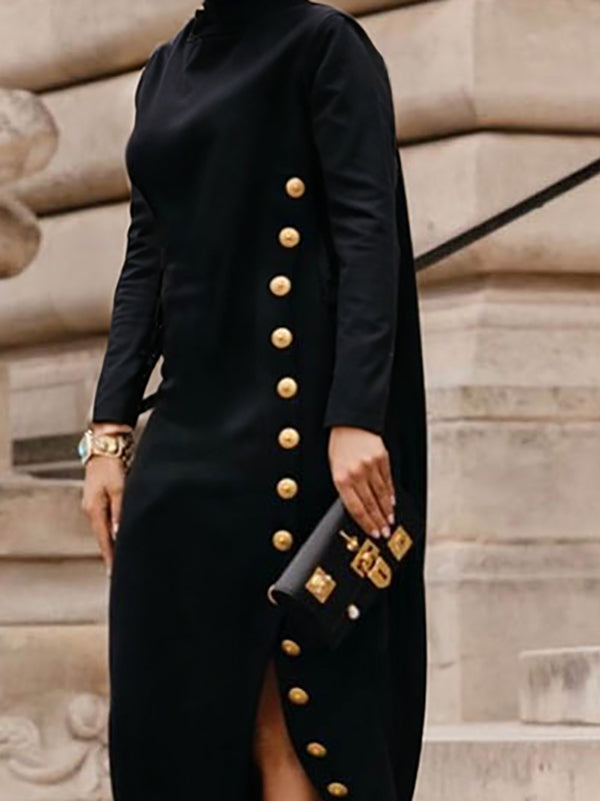 Long Sleeves Loose Asymmetric Buttoned Split-joint Split-side Mock Neck Maxi Dresses