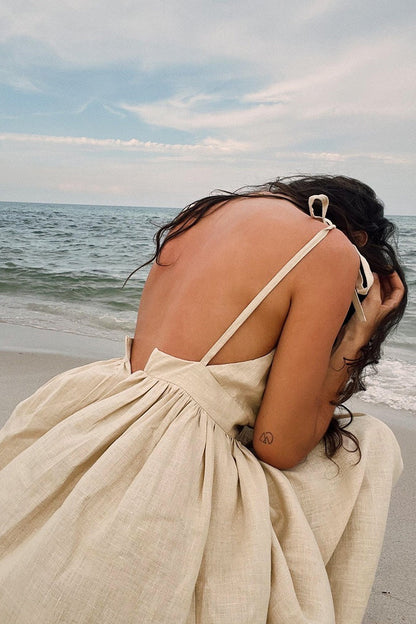 Cotton V Neck Spaghetti Strap Tie Backless Midi Dress