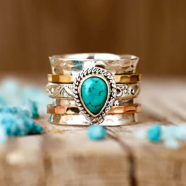 1+1 Offer: Turquoise Inlaid Stone Gold & Silver Ring + Mediterranean Tears – Turquoise Stone Stud Earrings