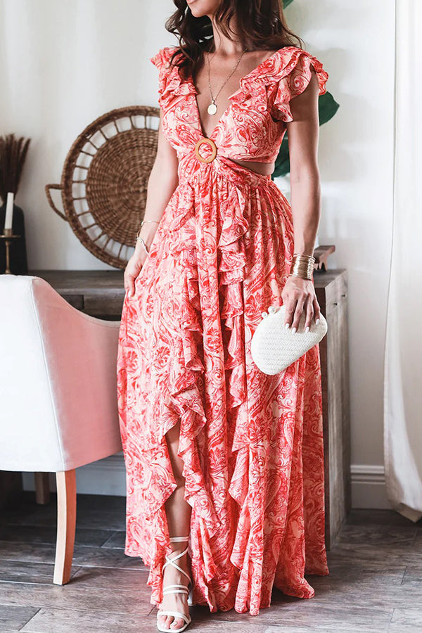 Boldest Bloom Printed Ruffle Sleeve Cutout Maxi Dress