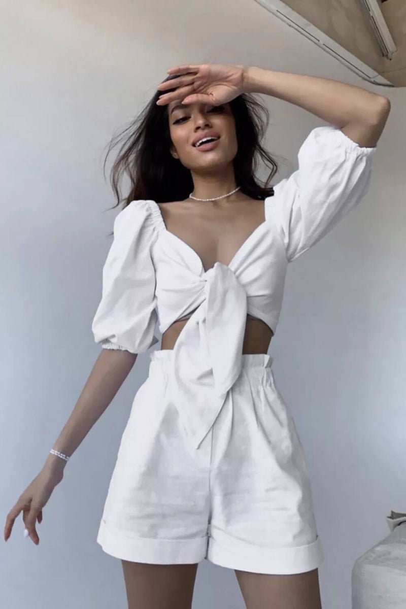 Linen Wrap Front Tie Puff Sleeve Shorts Sets in White