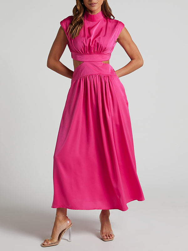 Cap Sleeve Belly-hollow Pleated Color Stand Collar Maxi Dresses