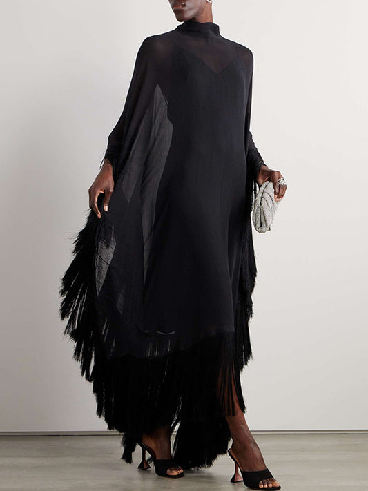 Batwing Sleeves Loose See-through Color Tasseled Mock Neck Maxi Dresses