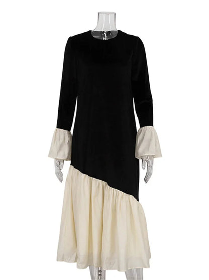 Autumn Patchwork Long Dress ’s High Waist Commute Contrast Loose Dress Female Party Maxi Dress