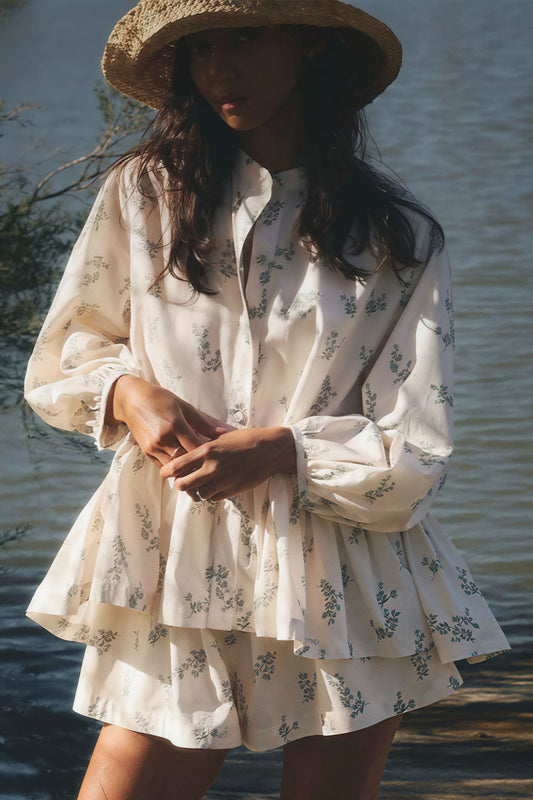 Puff Sleeve High Neck Ruffle Two Piece Set