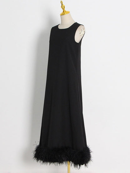 Simple Sleeveless Loose Feathers Color Midi Dresses