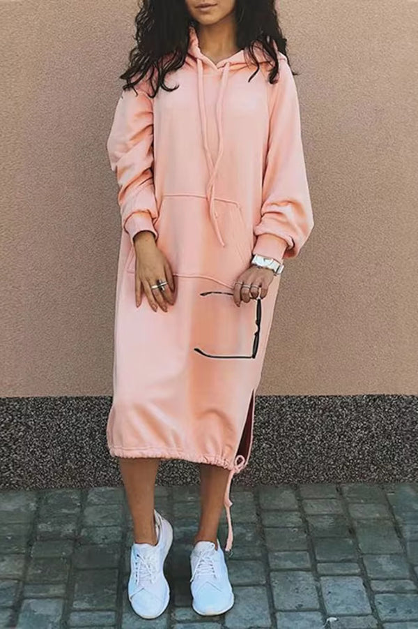 Color Hooded Lace-up Pocket Sweatshirt Style Midi Dress