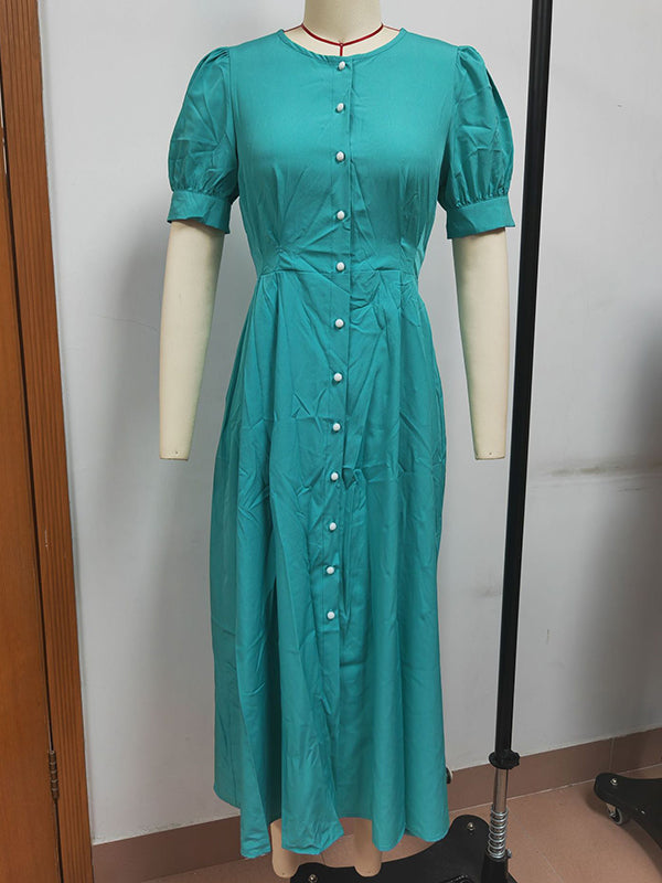 Puff Sleeves Short Sleeves Buttoned Color Round-neck Midi Dresses Shirt Dress
