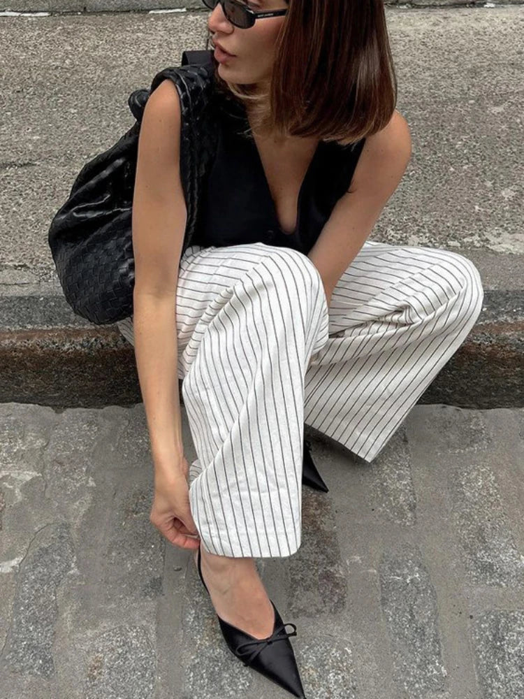 ’s Black White Stripe Wide Leg Pants New High Waist Zipper Loose Work Business Pants With Pockets